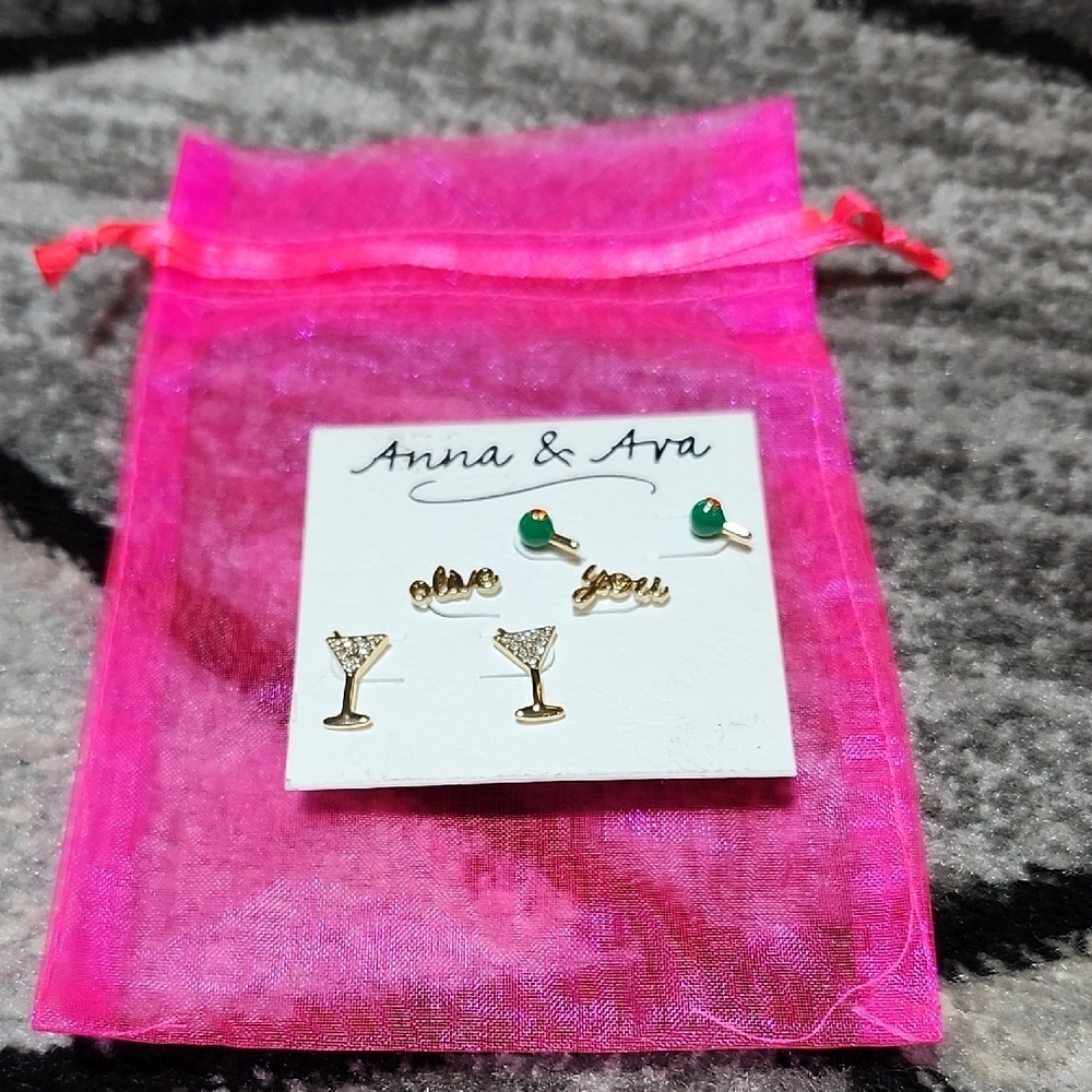 ANNA & AVA CZ STONES GOLD-PLATED OLIVES- MARTINI- OLIVE YOU SET-OF-3 STUDEARRING